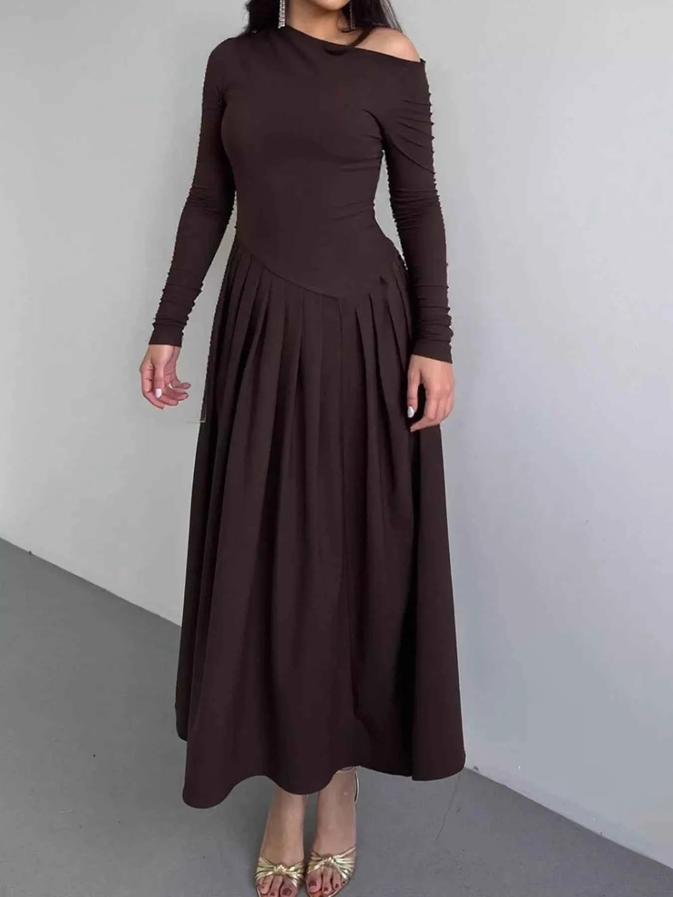 Ruched One Shoulder Long Sleeve Dress c5630585df394c9db97a5e3040a2dace-Max-Origin