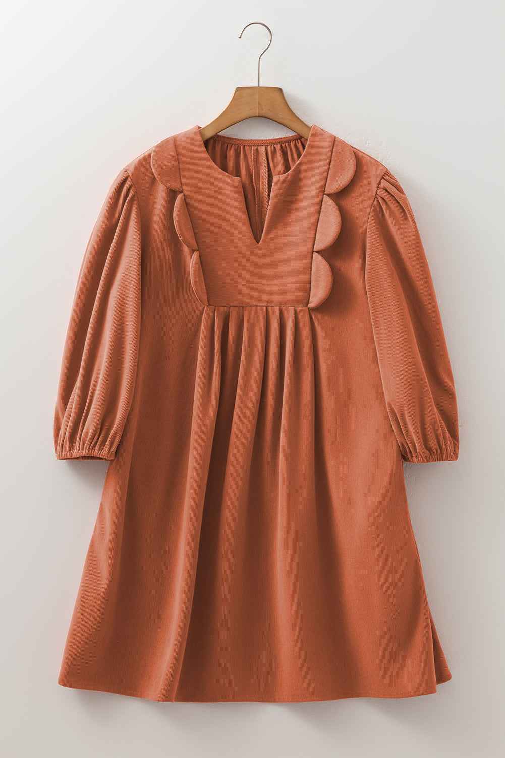 Moss Green Split Neck Scallop Detail Pleated Corduroy Mini Dress c566304aed95e60f