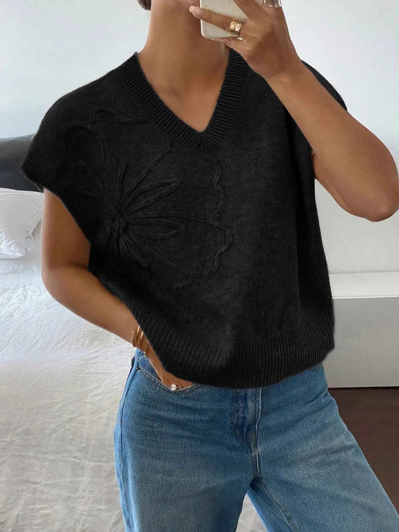 Ribbed Hem V-Neck Short Sleeve Sweater Black c57a90118c41499db14bebc72f639df4-Max-Origin