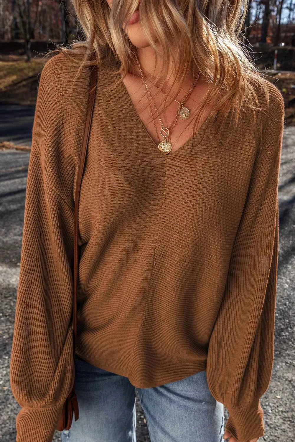 V-Neck Dropped Shoulder Long Sleeve Sweater c5822325-55ce-4a89-9306-9a850a4d6279-Max