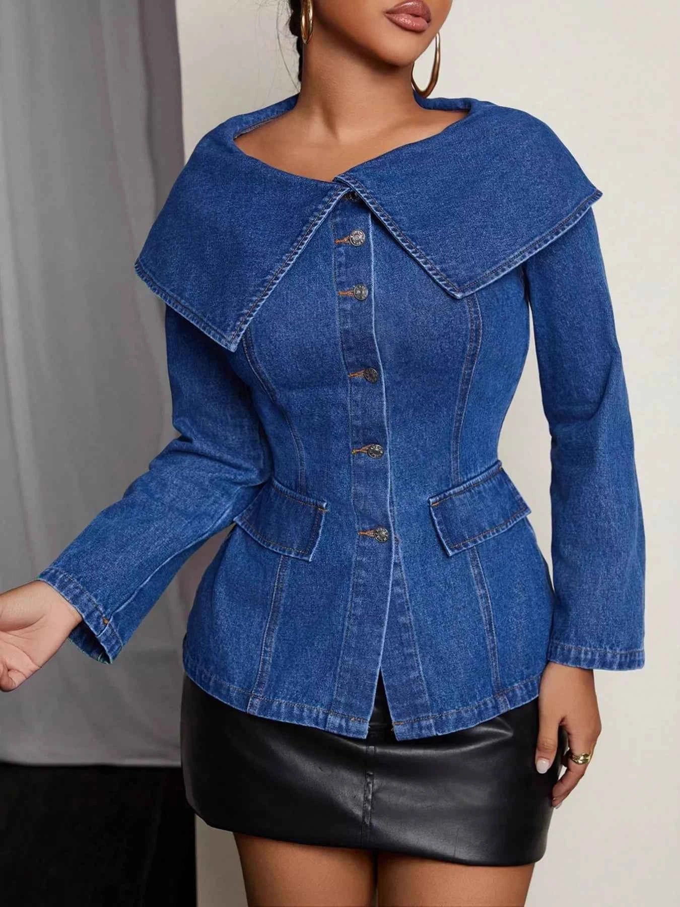 Button-Front Long Sleeve Denim Top Blue c5b87ad22ecb4841b3f5e1f52b00e470-Max-Origin