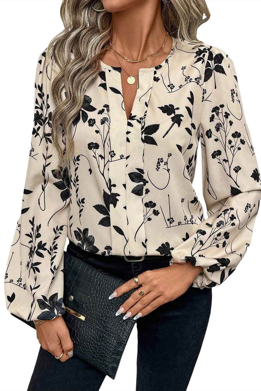 Khaki Botanical Floral Print Split Neck Long Sleeve Blouse c5c4f8c543e62139