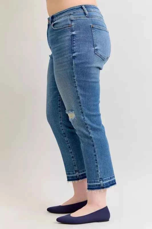 Judy Blue Full Size Mid Rise Bf Patch & Repair Destroy Release Hem Jeans Plus Size c5e30961-f92f-4056-8355-96ffe7979a90-Max-Origin