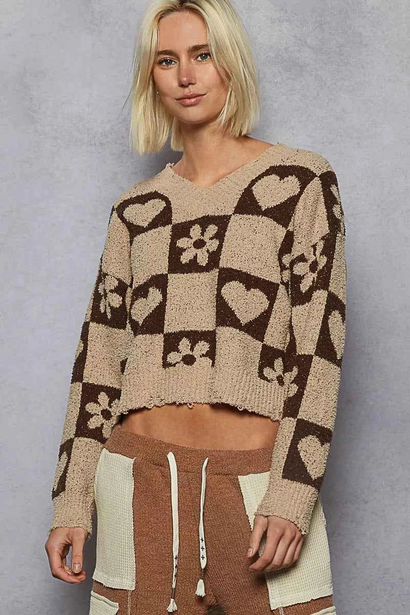 POL V-Neck Heart Pattern Checkered Sweater MOCHA BROWN c5ed7205-f8c5-4763-9f18-173d90826ca6-Max-Origin