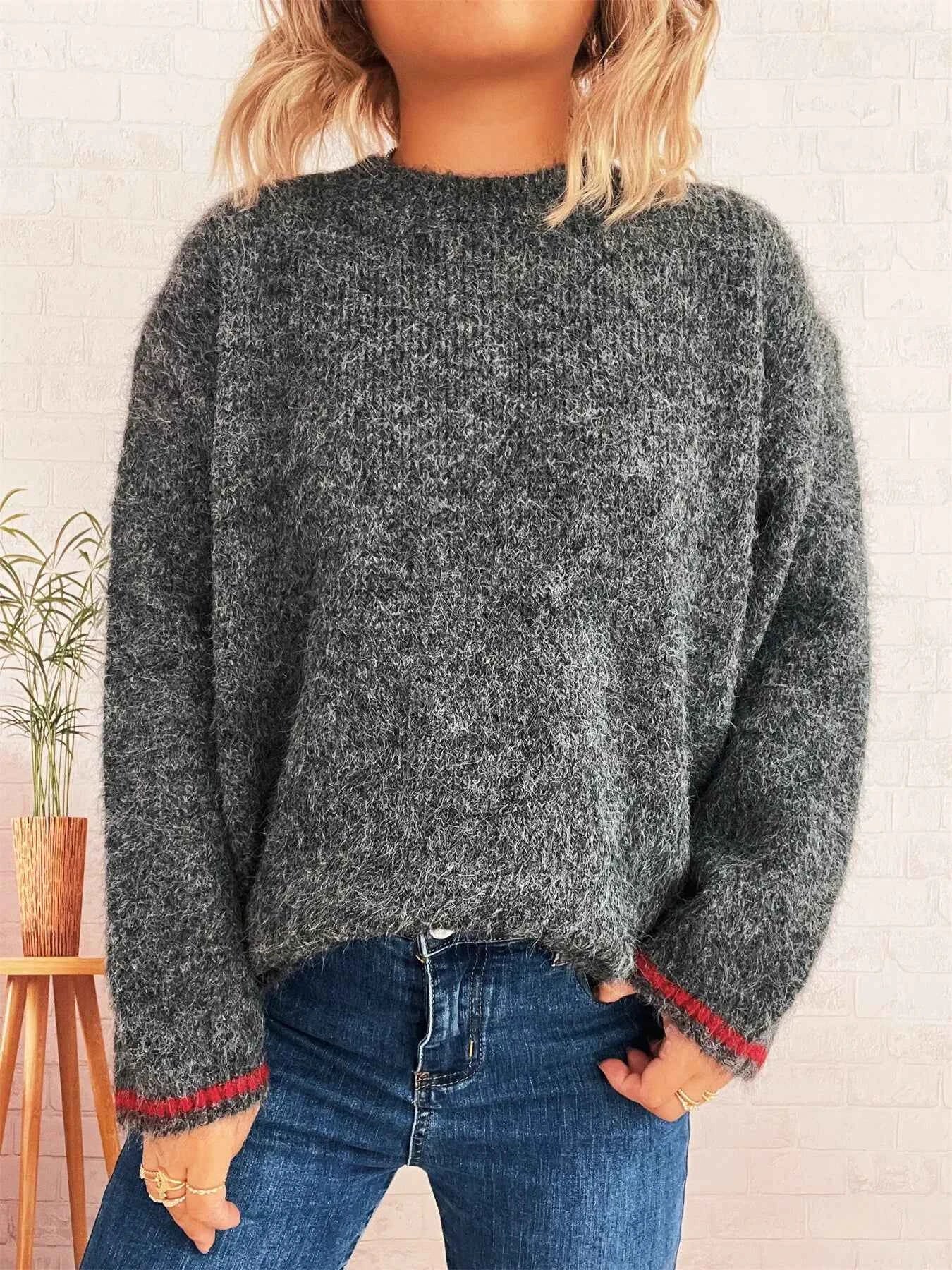 Contrast Trim Round Neck Cozy Sweater Dark Gray One Size c60a55c38fe449bca7ee504e3872436c-Max-Origin