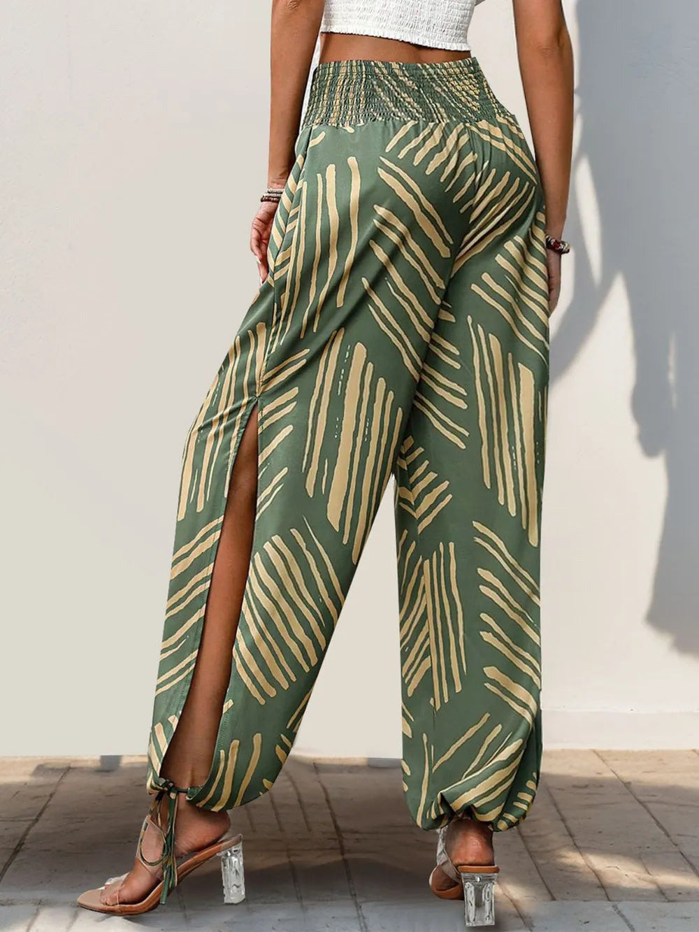 Perfee Smocked Slit Printed High Waist Pants c60f3f56-7049-4cbd-801d-3520544f12a5-Max