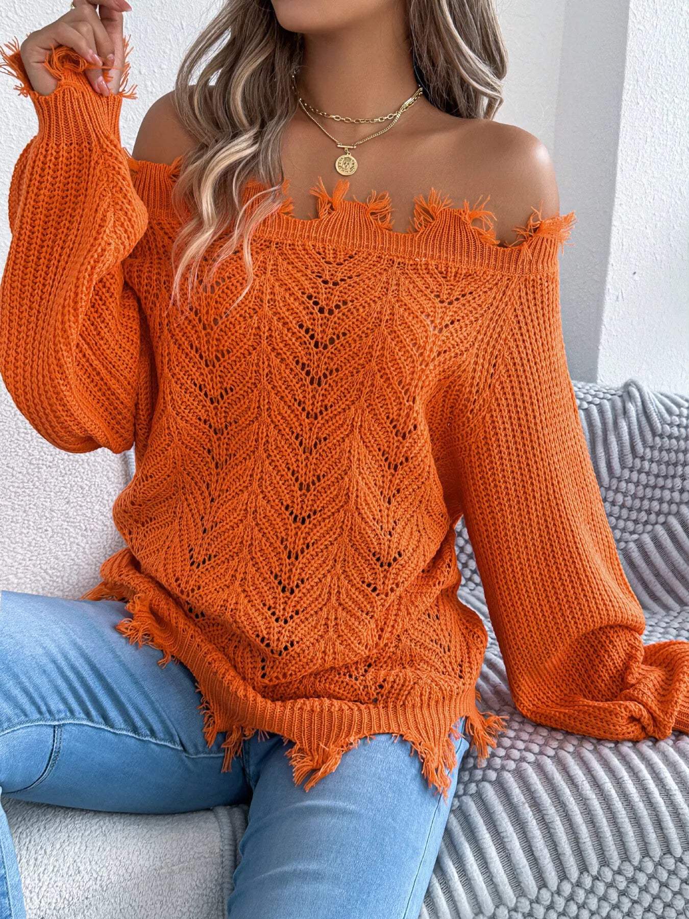 Distressed Hem Openwork Off-Shoulder Sweater c611763c5fb840609dfc6cebda337b9e-Max-Origin