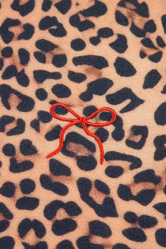 Leopard Bow Embroidered Pullover and Pants Set
