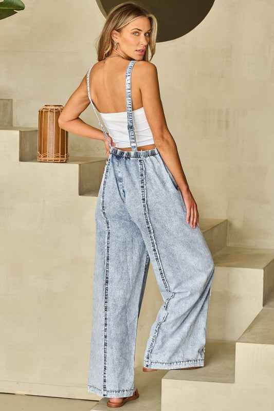 Denim Frayed Reverse Seam Wide Leg Overall c61646ec-90c7-4e34-b47a-50b046d3a10f