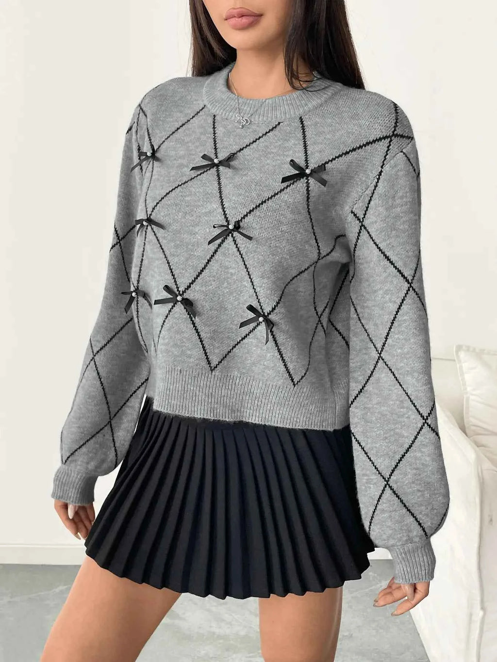 Diamond Pattern Bow Detail Sweater c644029cbd8a4e9b99e21509fc08dcbd-Max-Origin