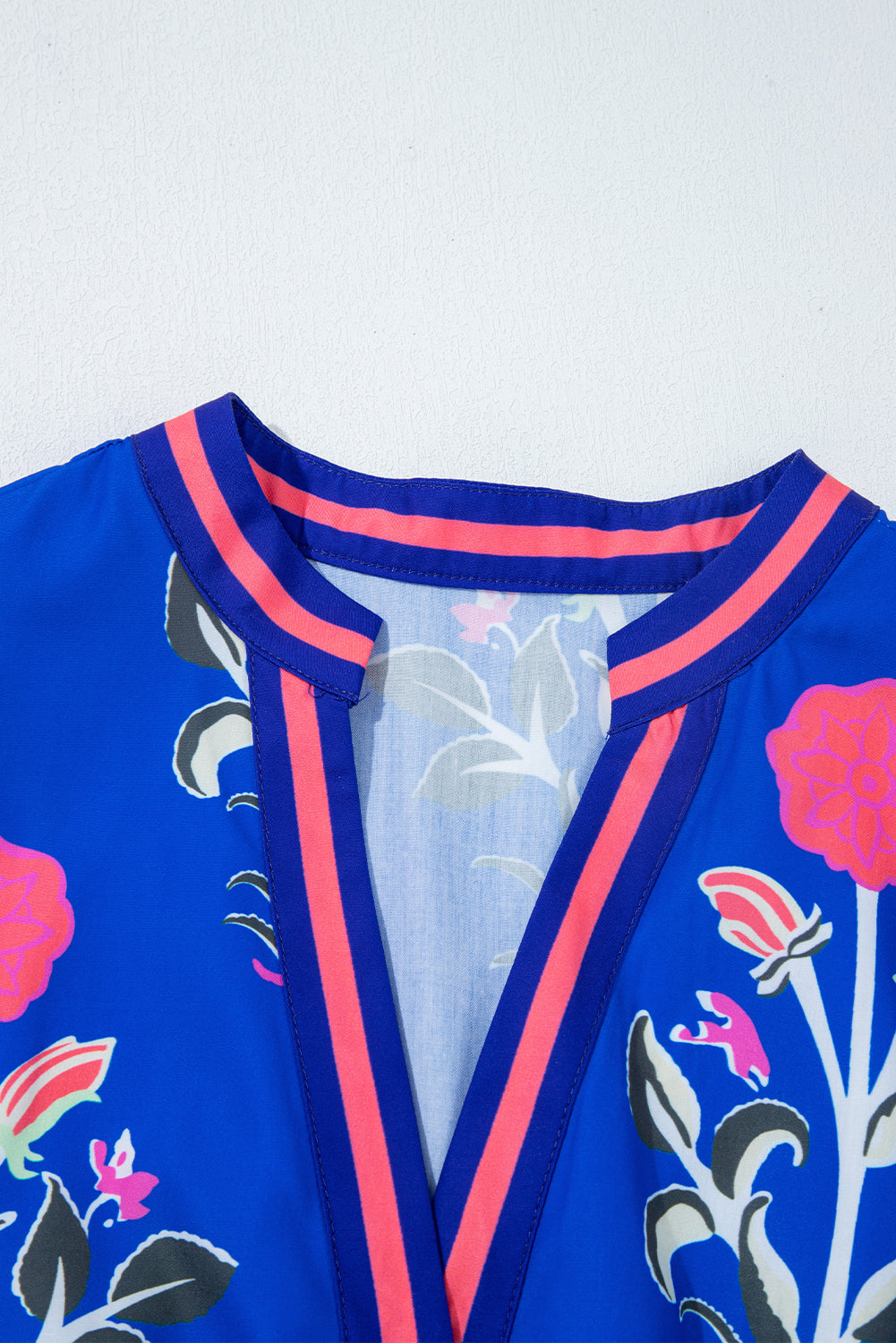 Blue Floral Print Pop of Color Neckline Long Sleeve Midi Dress c644da4725f543c7