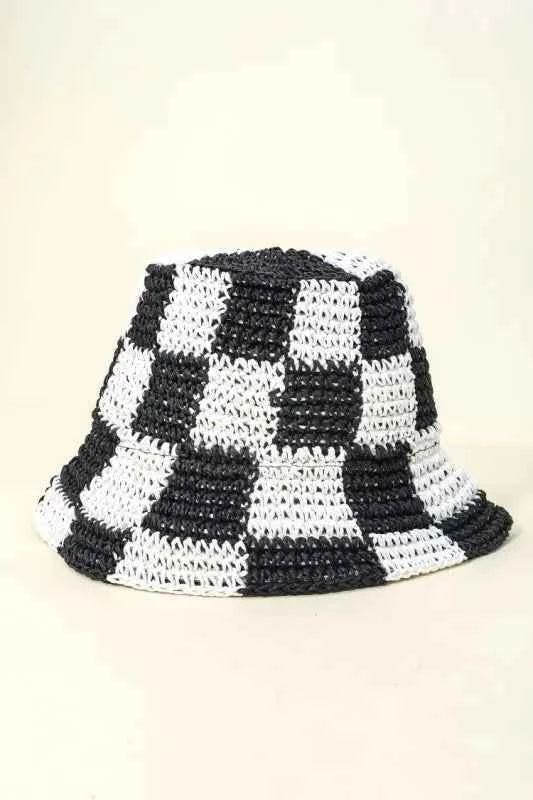 Fame Checkered Pattern Knit Bucket Hat Black One Size c6455b80-bd2e-456a-b179-eb693791466d-Max-Origin