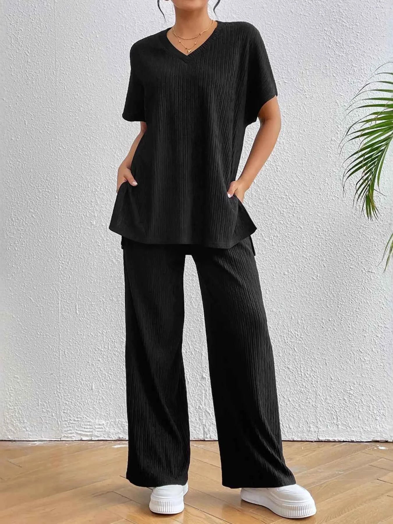 V-Neck Short Sleeve Top and Pants Set c64760d767f64626a89cb1b358df1335-Max-Origin