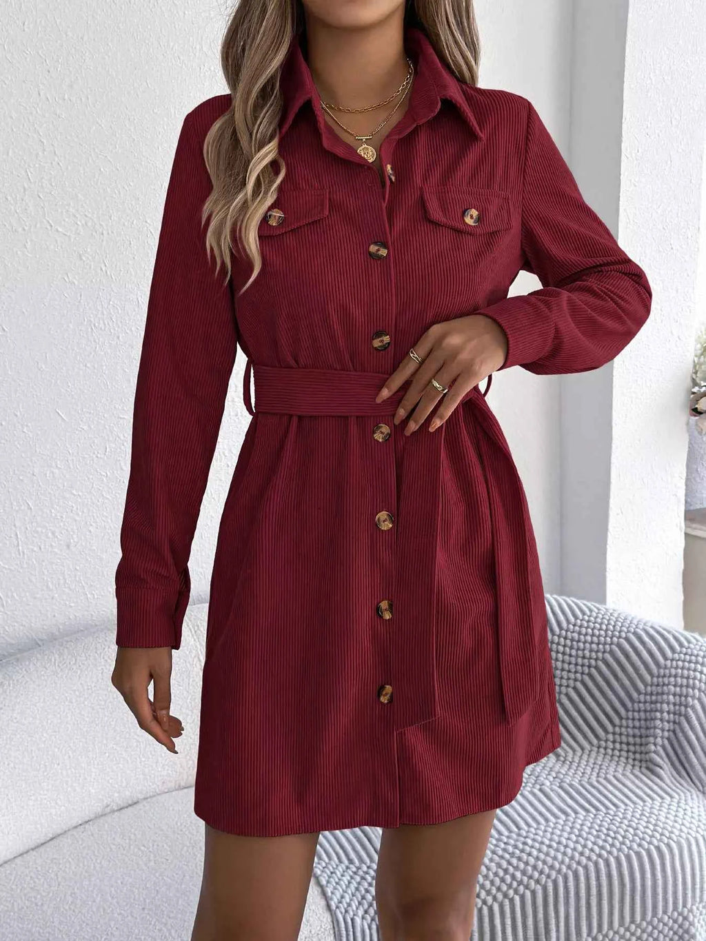 Button-Front Corduroy Shirt Dress Burgundy c64a753ab36845d3bccad582ee97bc97-Max-Origin