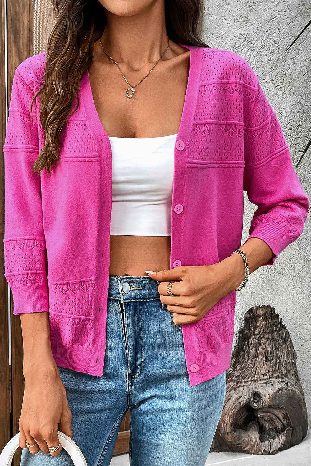 Bright Pink Hollow Knit 3/4 Sleeve V Neck Cardigan Bright Pink c65df4a21b0a9b86