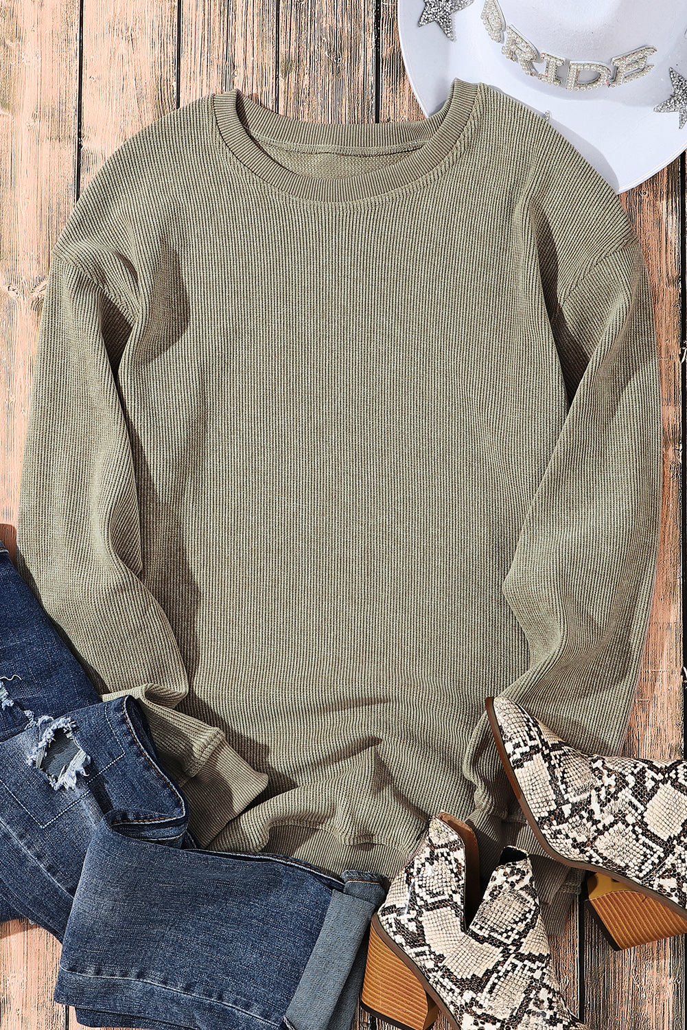 Green Ribbed Round Neck Drop Sleeve Pullover Sweatshirt c65f5f1810ab6132