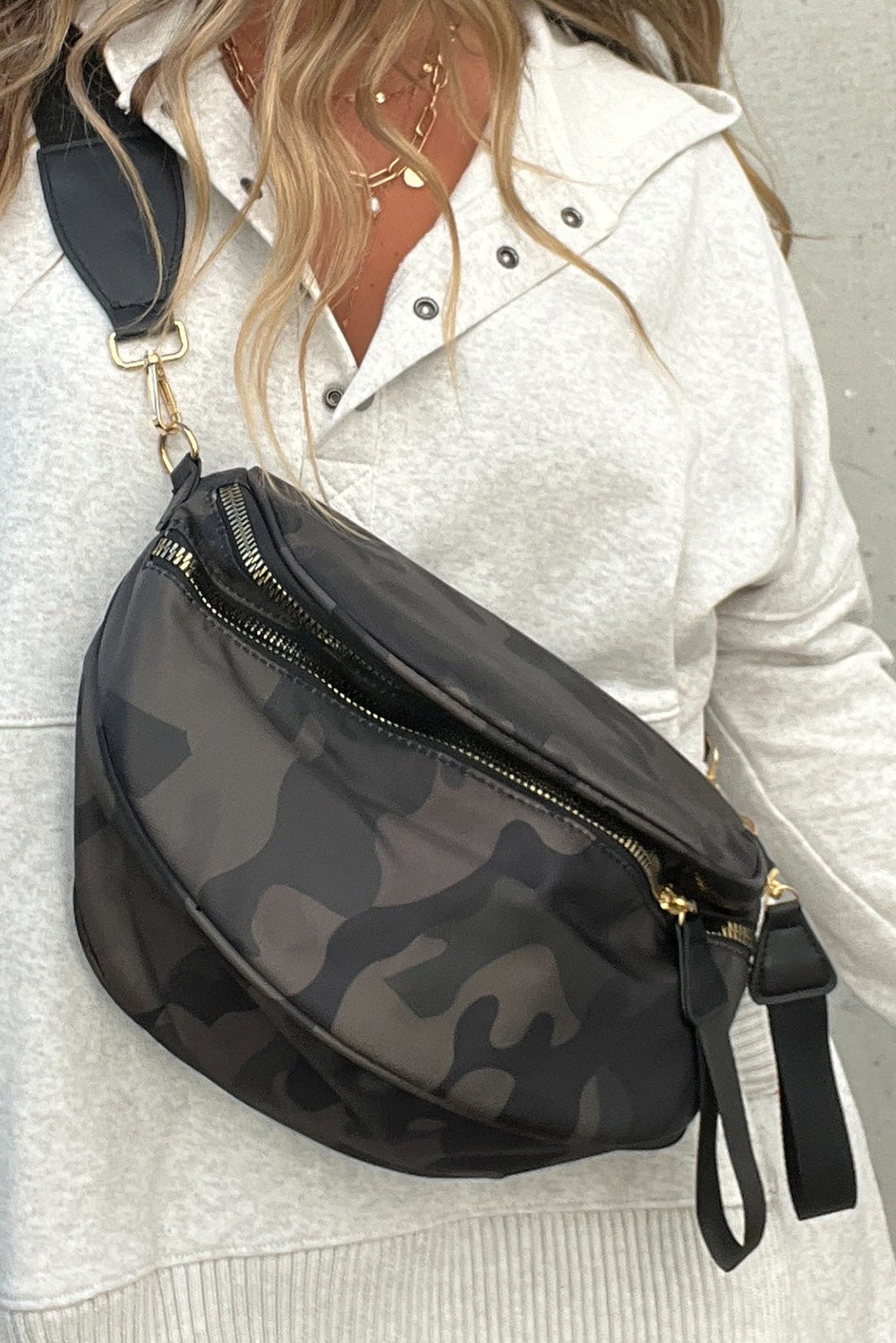 White Camouflage Print Double Zipper Crossbody Bag c66236375c0bc34d