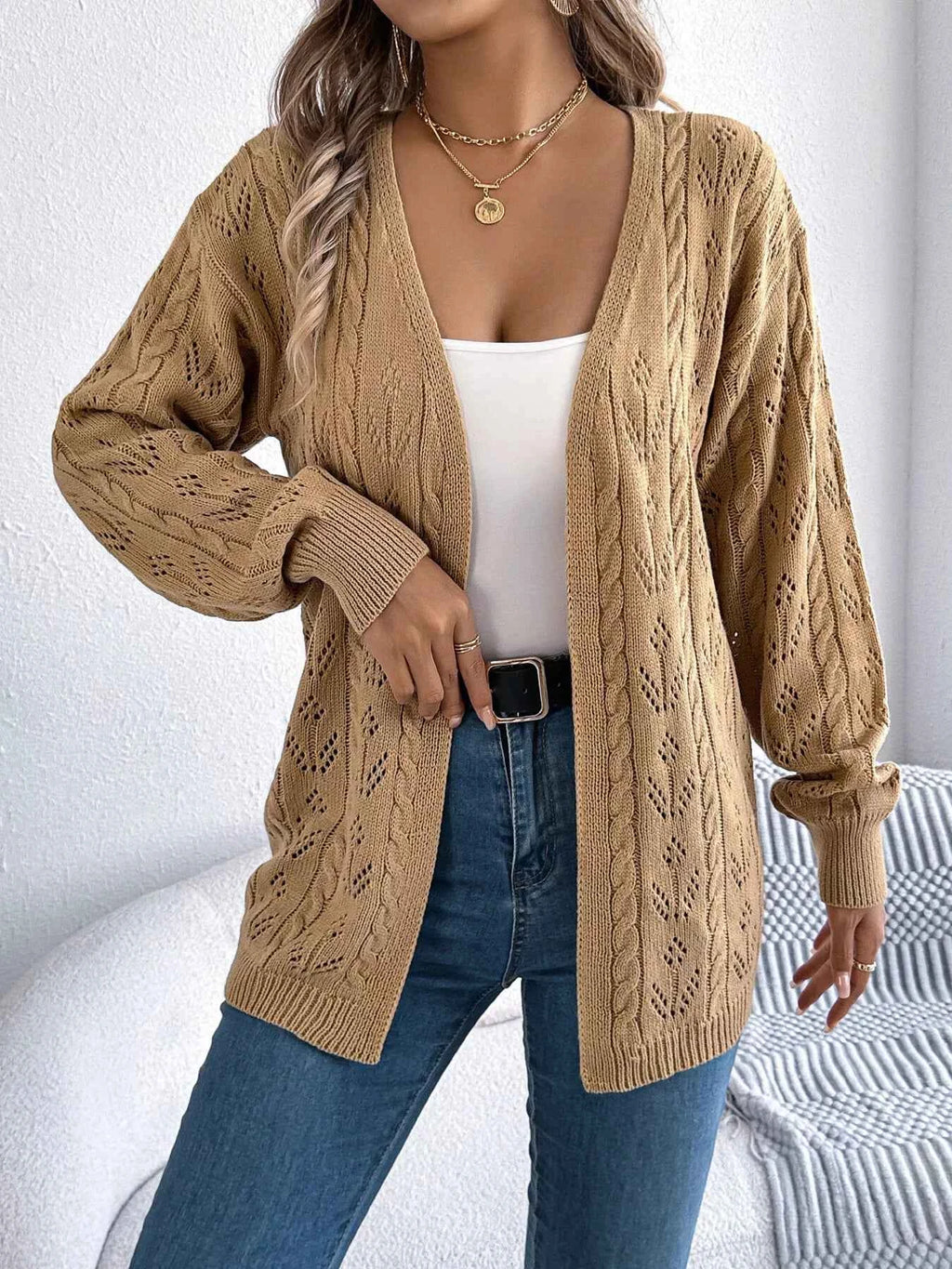 Openwork Open Front Long Sleeve Cardigan c66407b914594817bc2fd60c48f7c971-Max-Origin