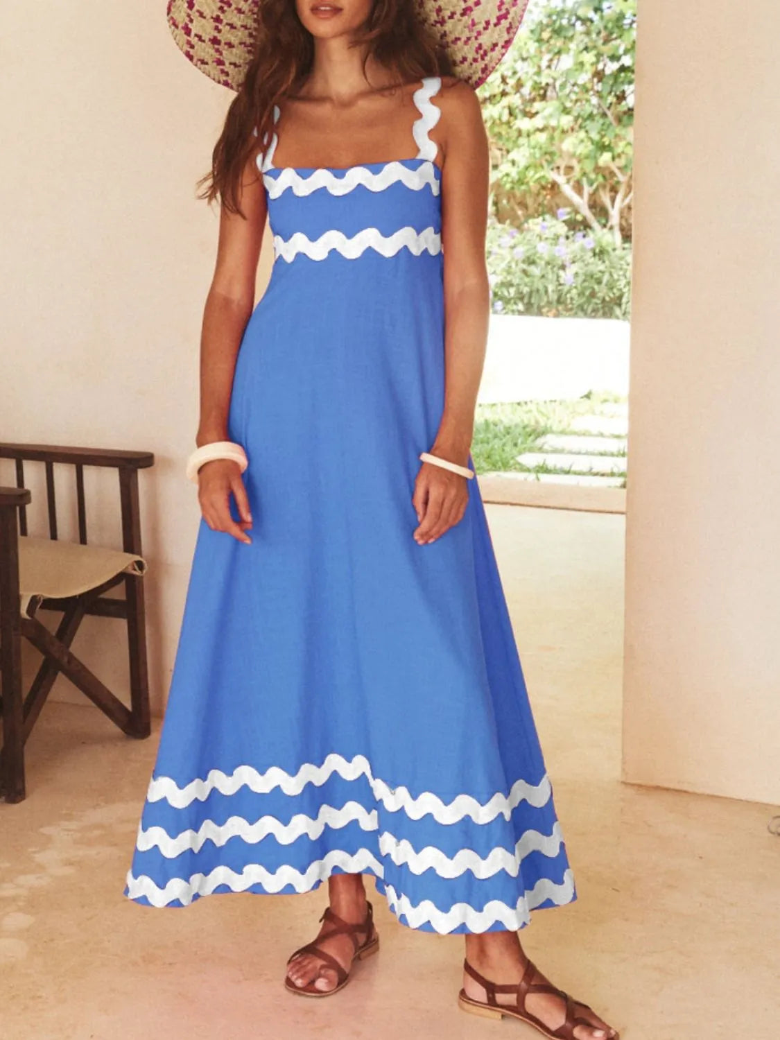 Contrast Trim Square Neck Maxi Cami Dress Blue white c67407fe-d76f-4a27-86ec-214970c5c446-Max-Origin