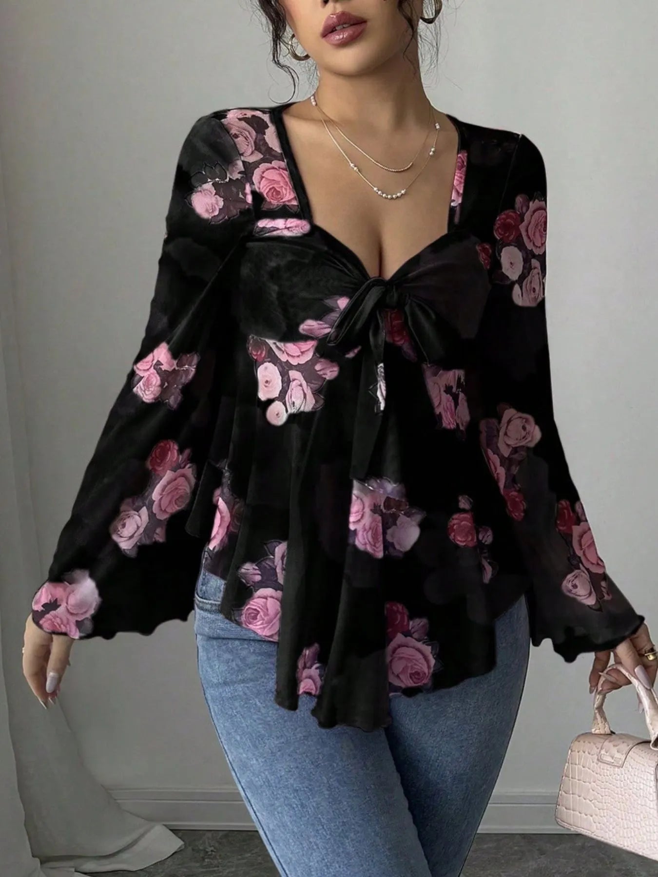 Floral Tie Front Flare Sleeve Blouse c6c1ee7e-4277-4e65-b445-f8f518c54e4c-Max-Origin