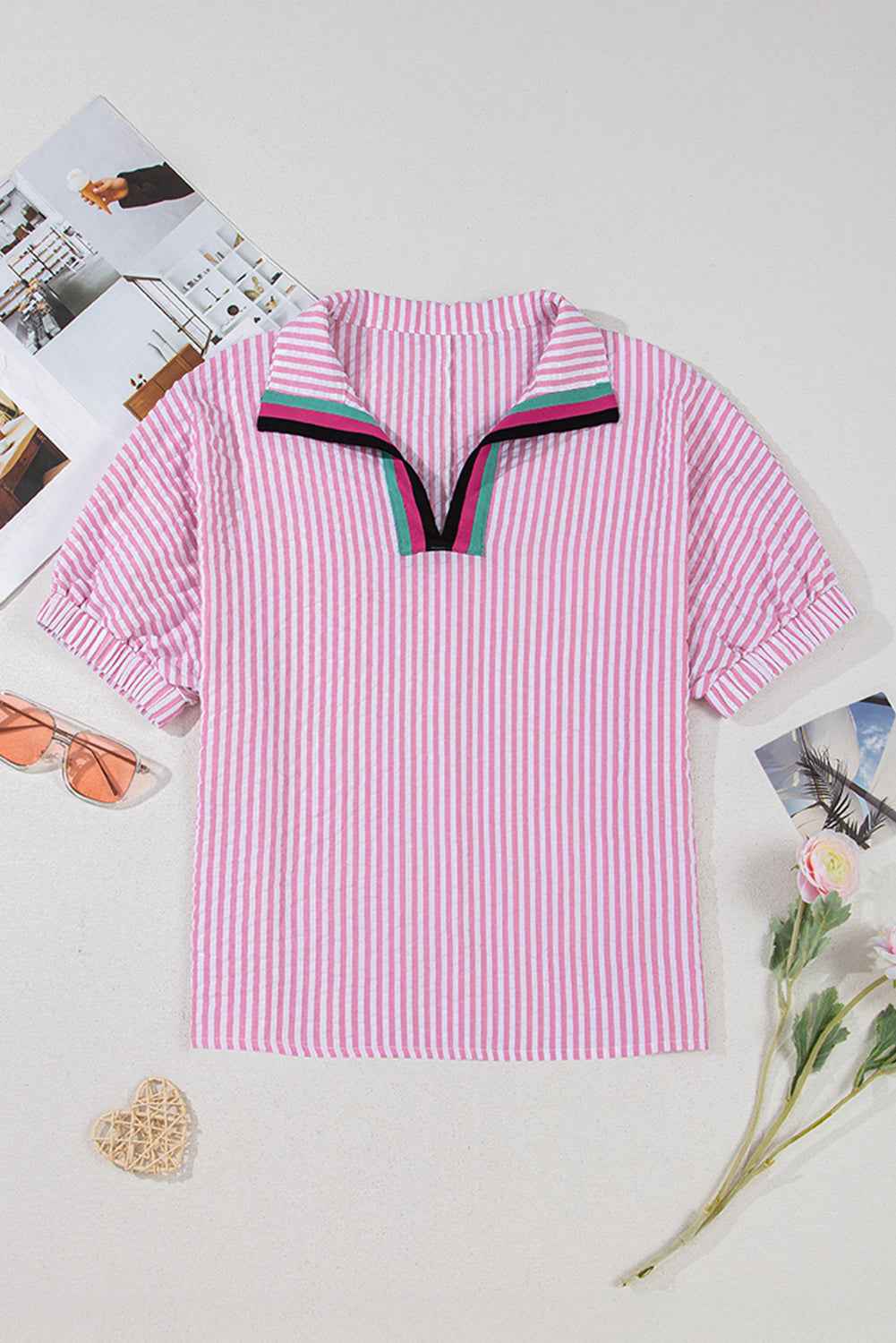 Sachet Pink Striped Dolman Sleeve Pop of Color Neckline Blouse c6c2de8192704991