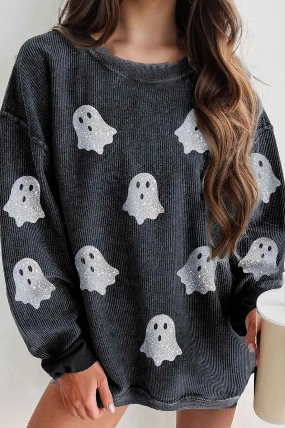 Glitter Ghost Round Neck Long Sleeve Sweatshirt Black c6d0cfe2-8b44-4009-b6f5-9b3250f7f839-Max