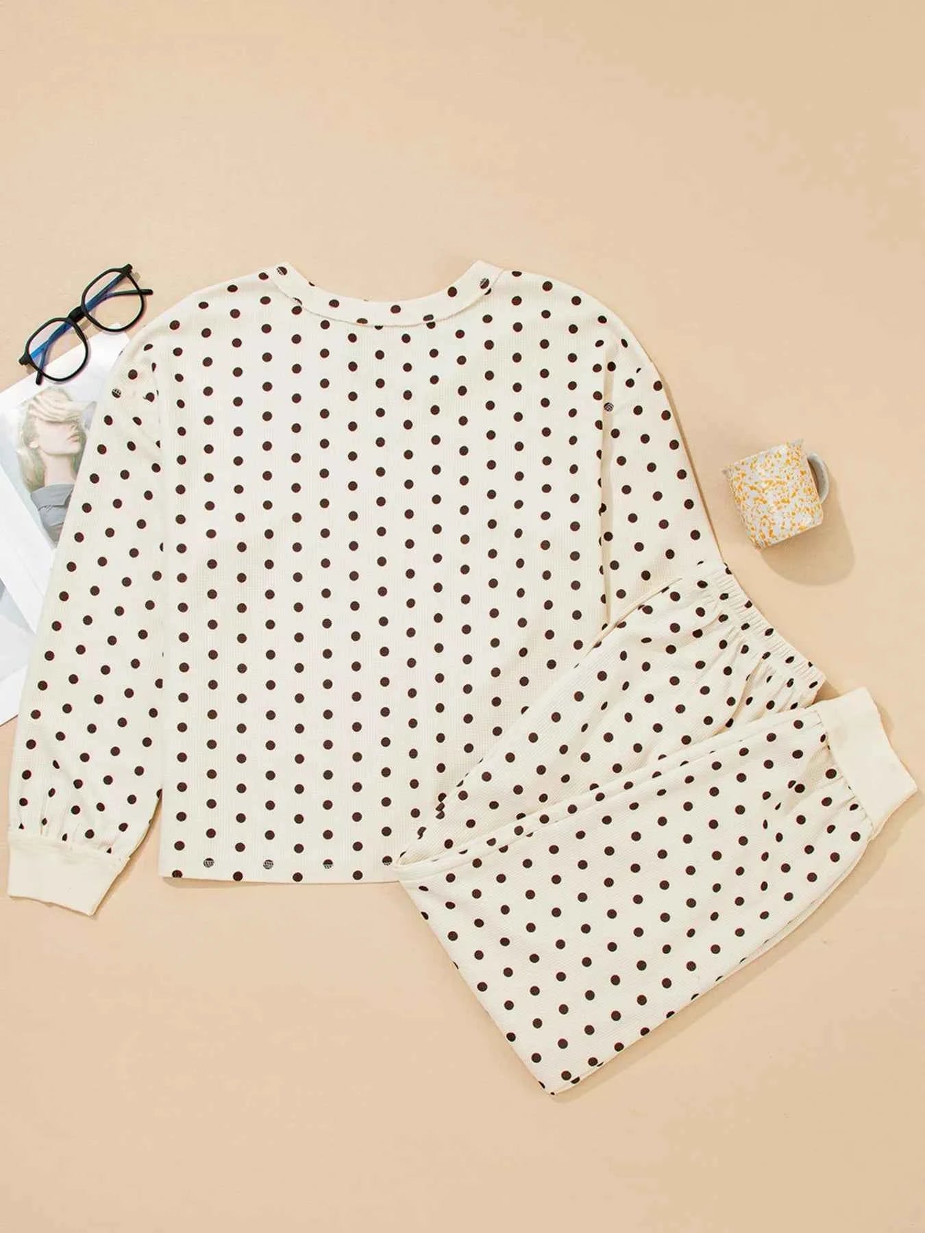 Polka Dot Notched Long Sleeve Top and Drawstring Joggers Lounge Set c6e05fefe7194e56a4cf9c31257e5e41-Max-Origin