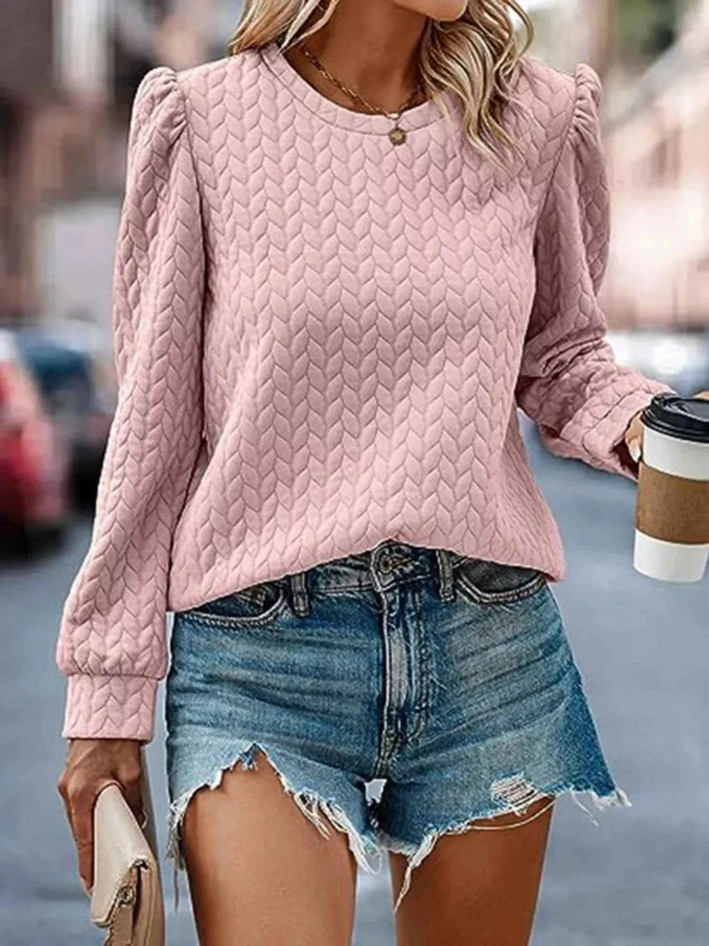 Texture Round Neck Long Sleeve Sweatshirt c6e76260614244a1b210598dbaeb615c-Max-Origin