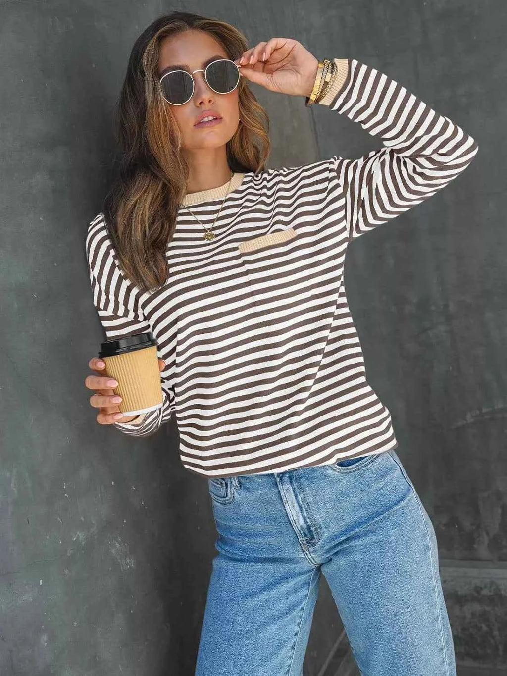Striped Long Sleeve Sweater with Contrast Ribbed Trim Brown Tan c70986da-dae4-4b9e-b0b5-7202345e02be-Max-Origin