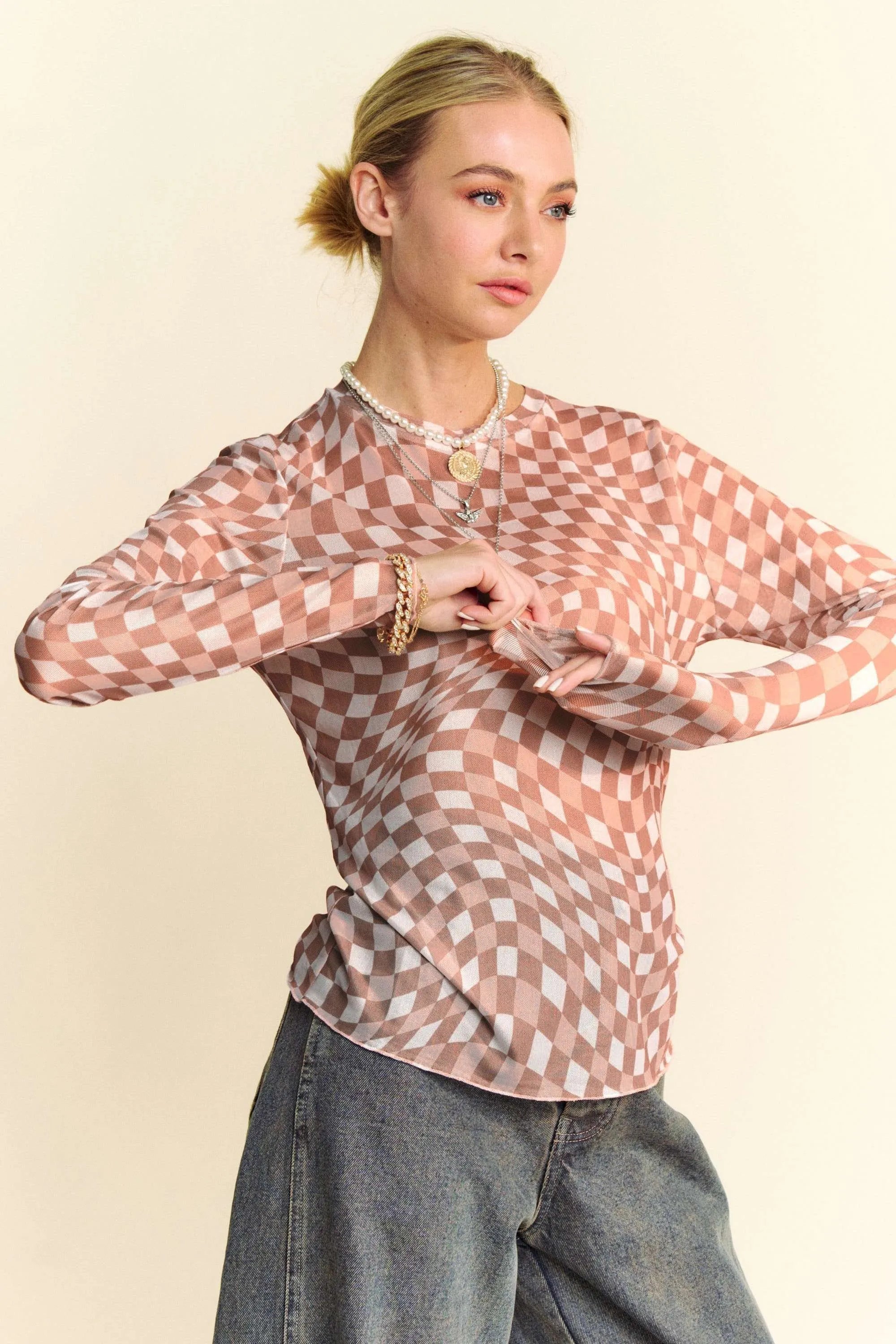 Davi & Dani Checker Board Mesh Long Sleeve Layering Top c70decfbe1e14f58b4f3883130d361c5-Max-Origin