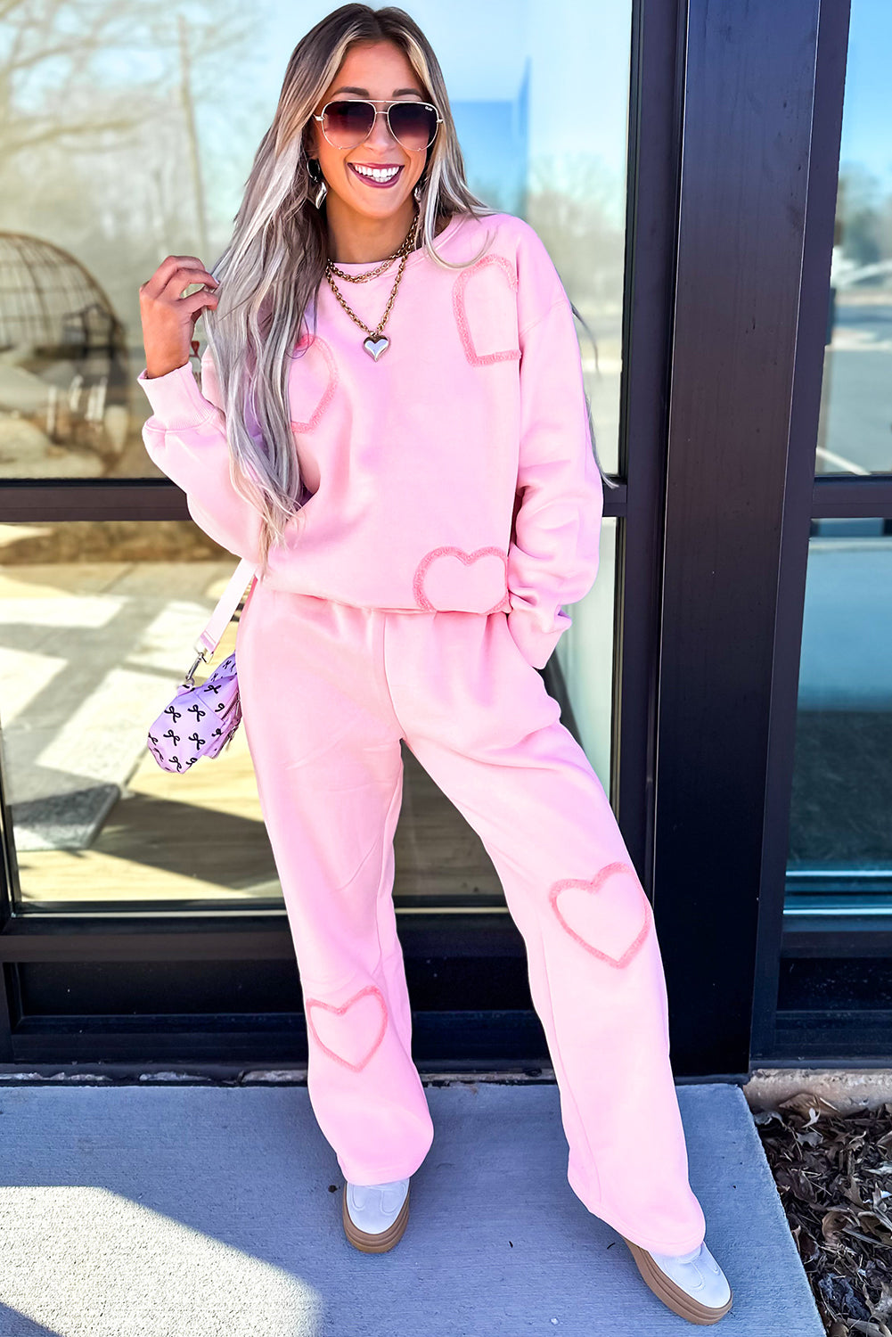 Phalaenopsis Chenille Heart Pattern Casual Pants Set c718c2724be87b4b