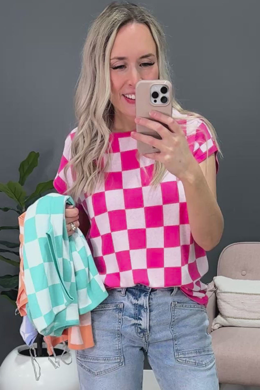 Rose Checkered Pattern Cap Sleeve Knitted Top c75452dfd4064a7a