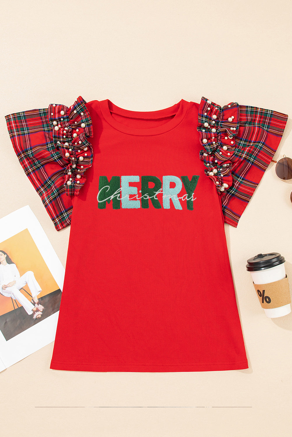 Racing Red MERRY Letter Terry Flocking Pearled Plaid Ruffled Sleeve Patchwork Tee c76db840b4848adb