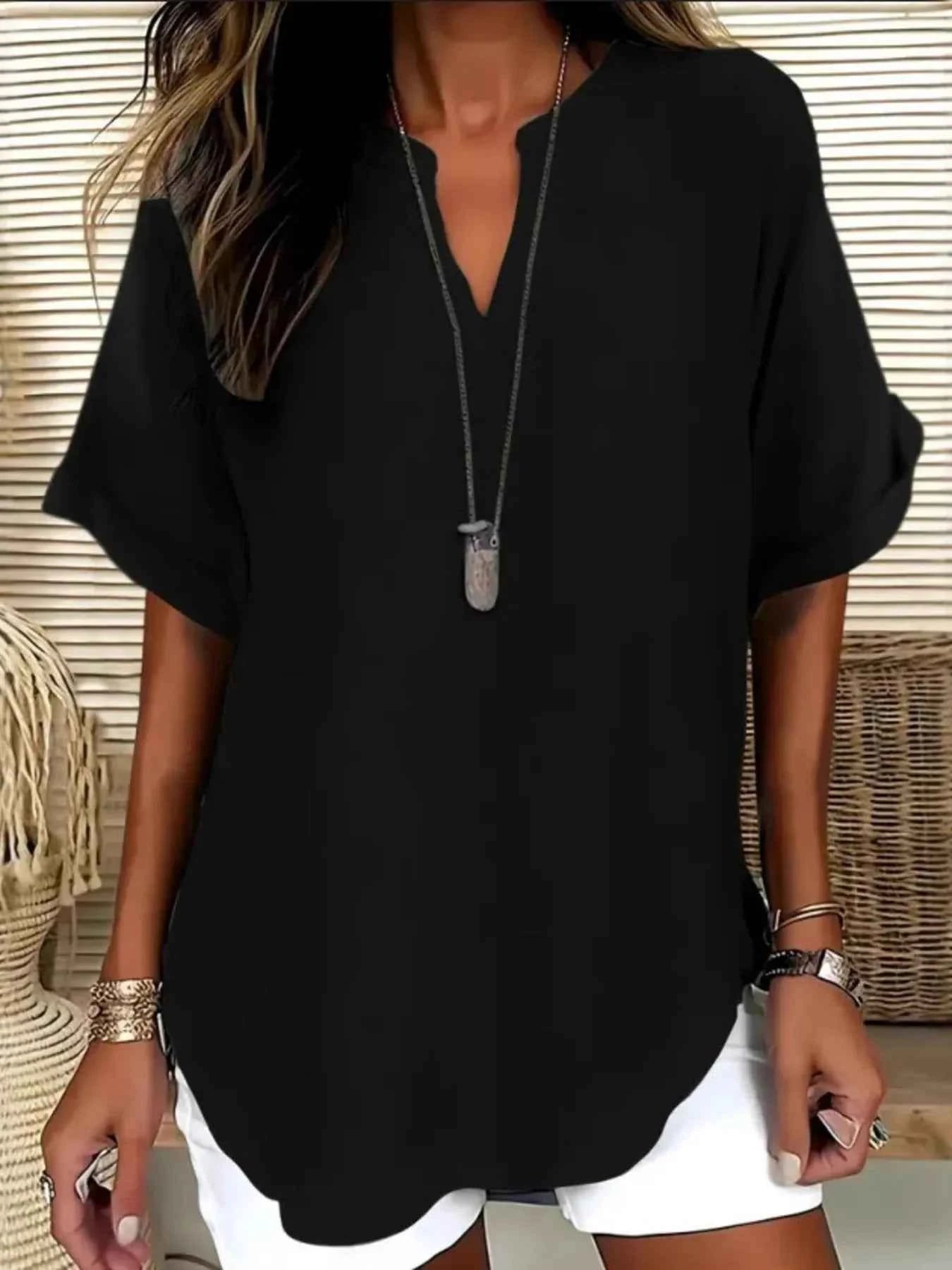 Casual Notched Short Sleeve Blouse Black c770c6e998184cb28fd6c1bb8947f840-Max-Origin