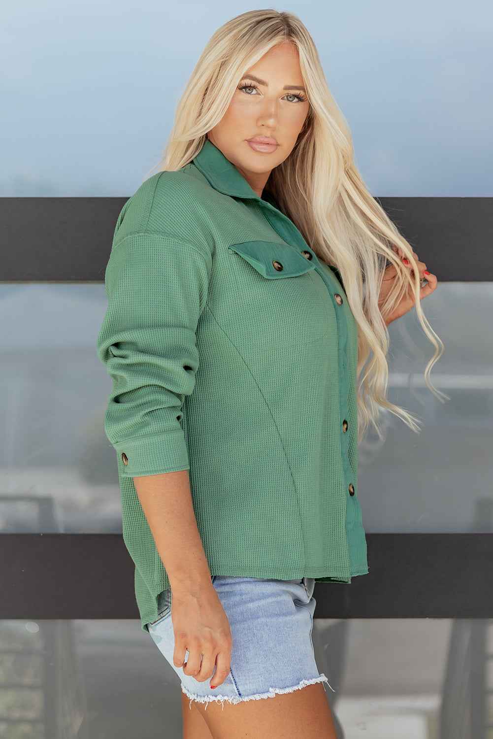 Grass Green Waffle Knit Vintage Patchwork Button Up Loose Shirt c77d30f7617bef6b