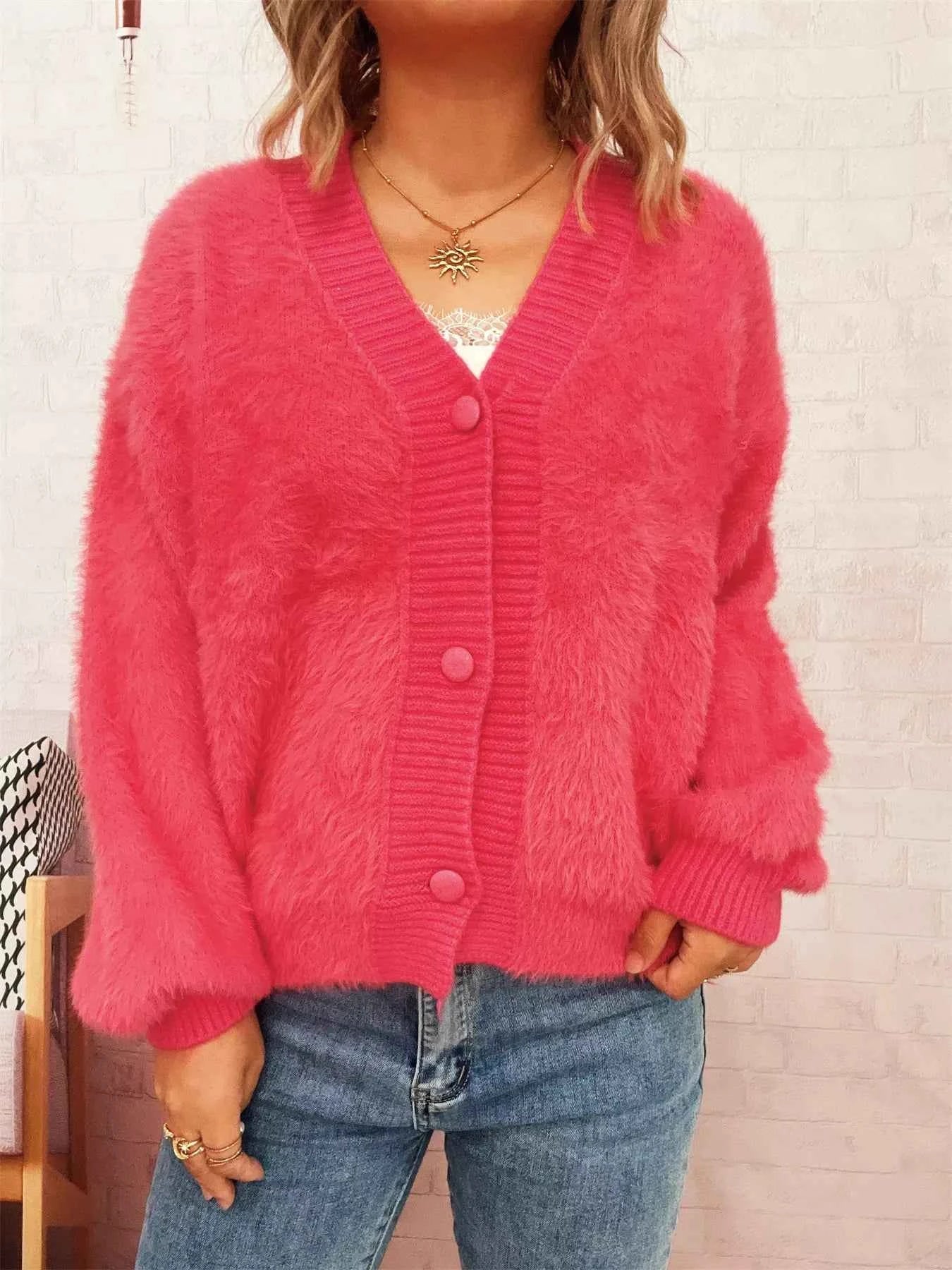 Fuzzy Button-Up Long Sleeve Cardigan Watermelon Pink One Size c78b8e428e3c42e8af6b5bc3863724c8-Max-Origin