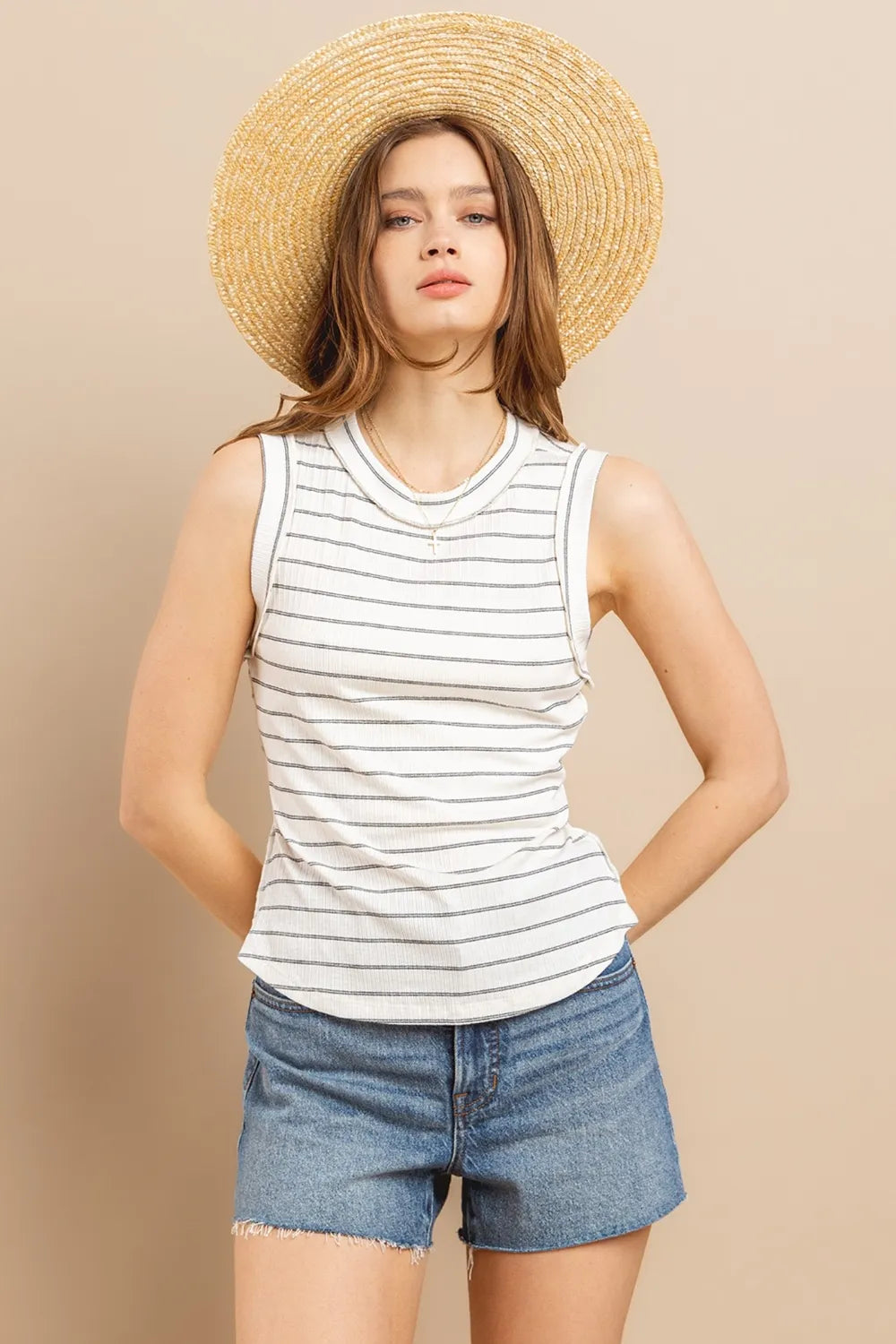 Ces Femme Striped Round Neck Tank Ivory c78ea21d-4e5c-434e-9fc1-2899f60e112e-Max