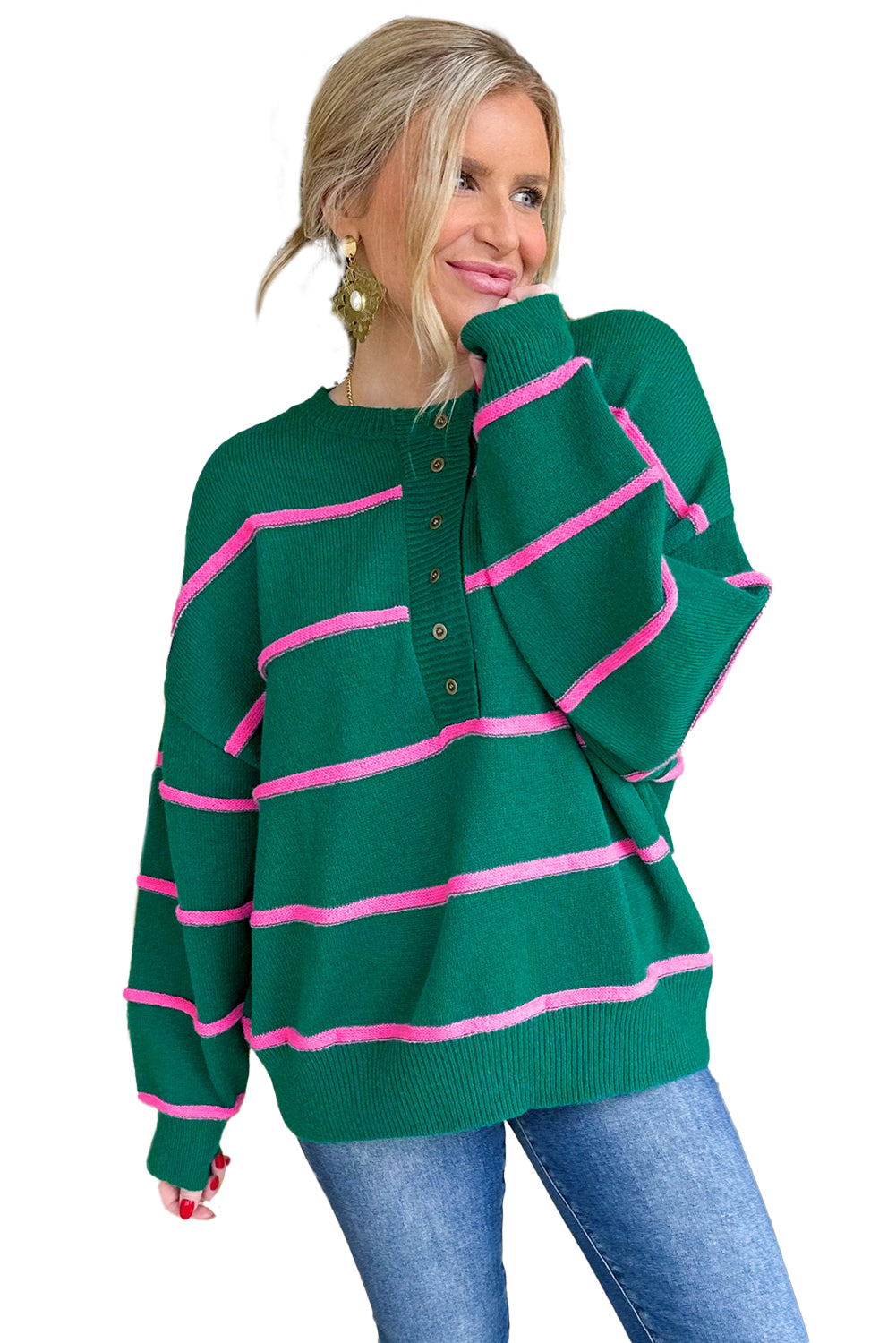 Green Striped Half Button Drop Shoulder Oversized Sweater Green Stripe 52%Viscose+26%Polyester+22%Polyamide c7996cad1d64302e