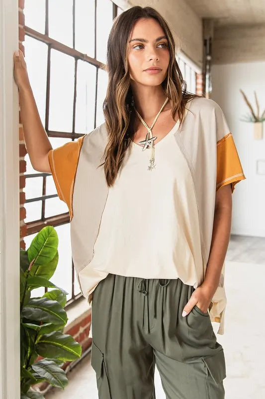 Mittoshop Color Block V-Neck Short Sleeve T-Shirt Natural Combo c79f2cdc-c2e2-4789-8656-ef696559562d-Max