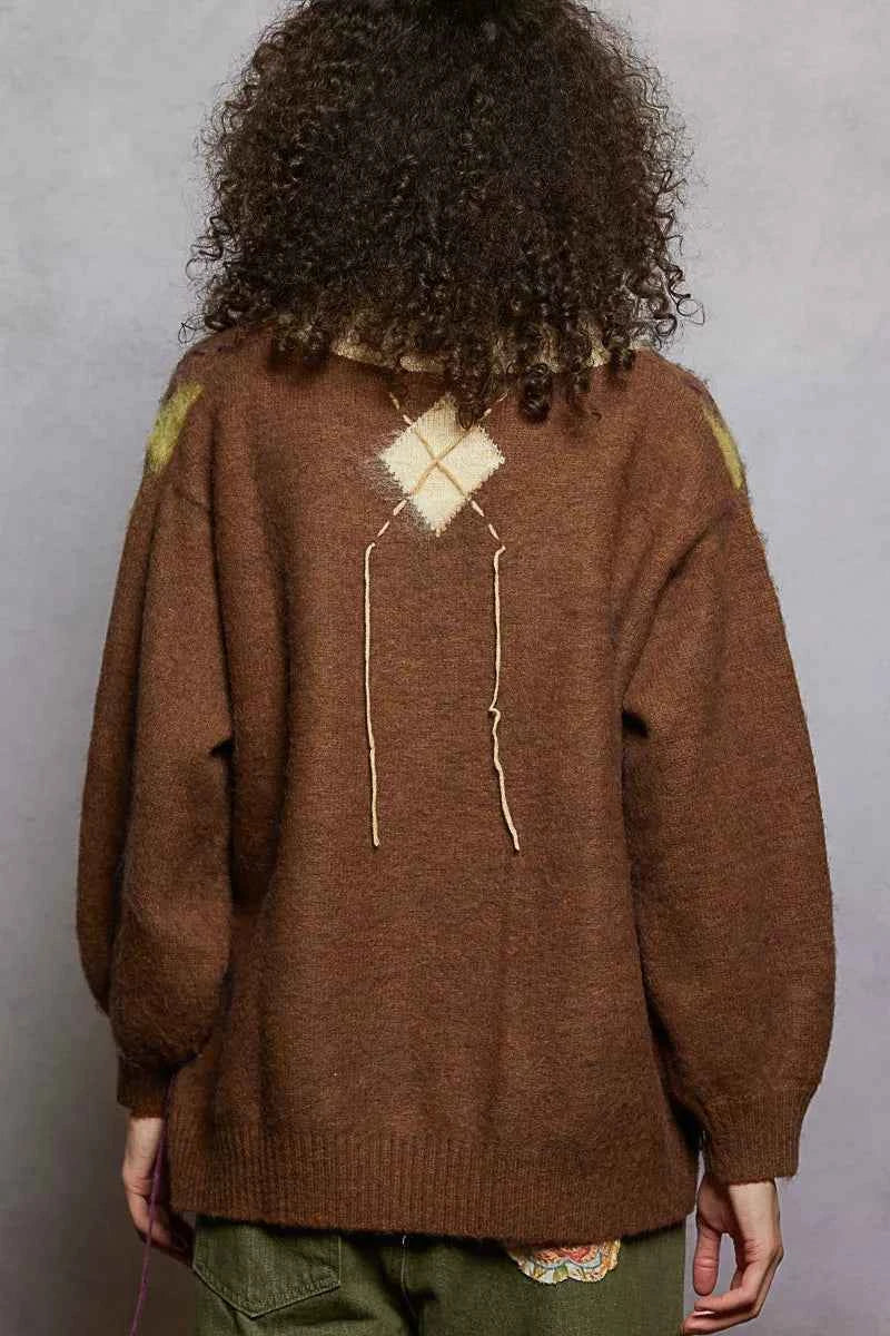 POL V-Neck Argyle Pattern Mohair Sweater with Contrast Exposed Stitch Detail c79fea91-3d03-4a83-b41d-d95636c39700-Max-Origin