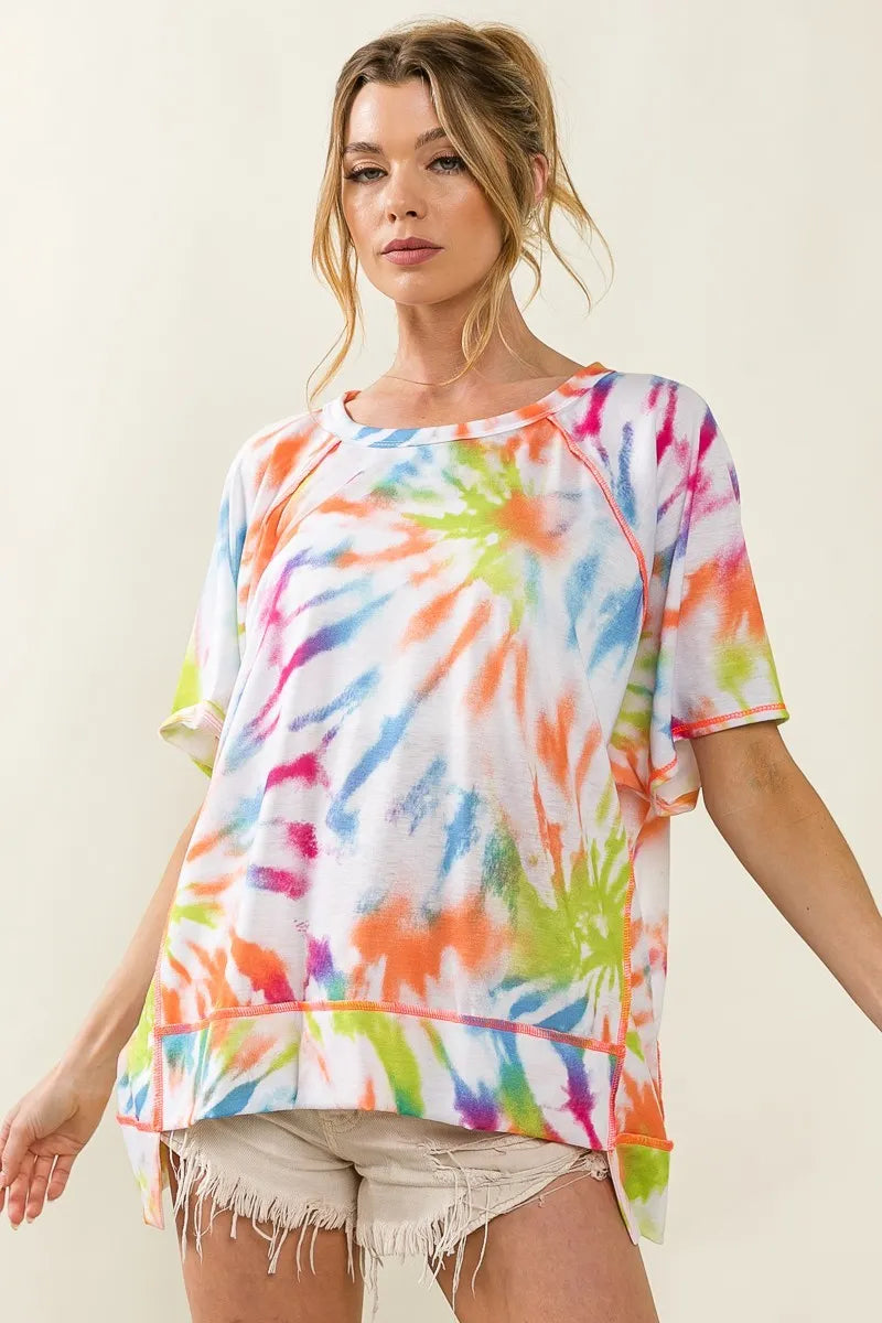 BiBi Tie Dye Print Jersey Stitched Uneven Hem Top c7ab91d0bdaa4e2ea5b0260a80af9996-Max-Origin