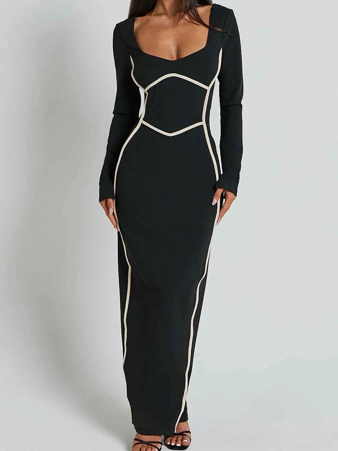 Contrast Trim Long Sleeve Bodycon Maxi Dress c7ae9450-0e2b-43ed-add5-13b93a86c795-Max-Origin