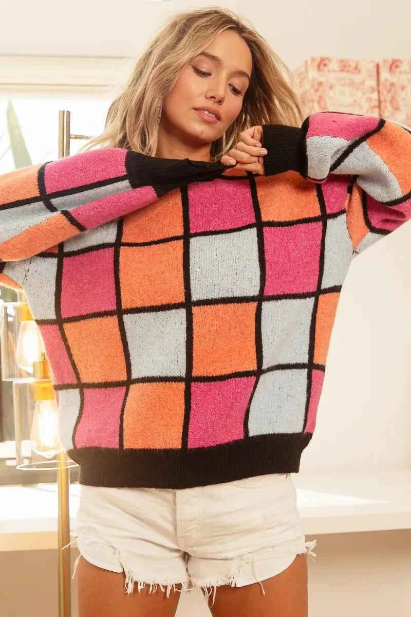 BiBi Multi Color Checker Pattern Sweater c7b03155f5e54834bc5719ecd8e17a23-Max-Origin