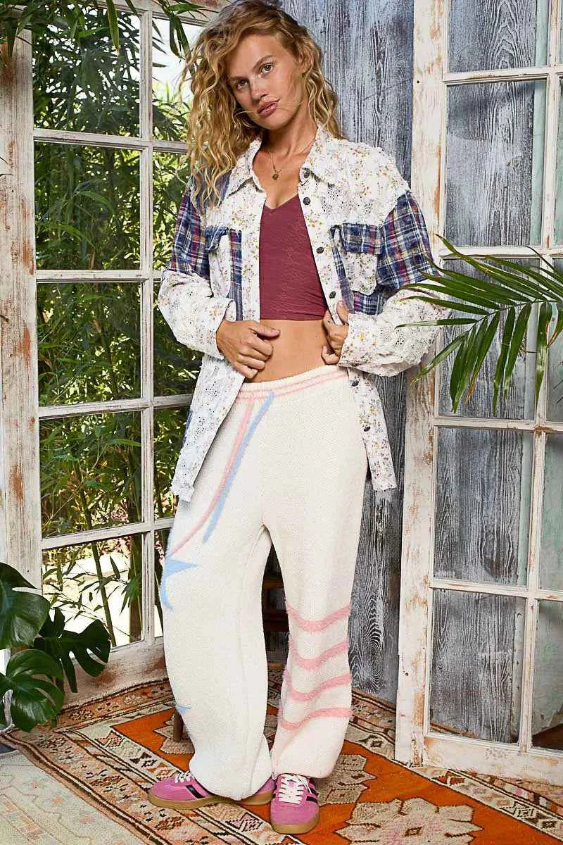 POL Button Down Lace Detail Floral Shacket with Contrast Plaid Patchwork c7ba5376-6158-4d9e-a2d0-1b99e4a7e26f-Max-Origin