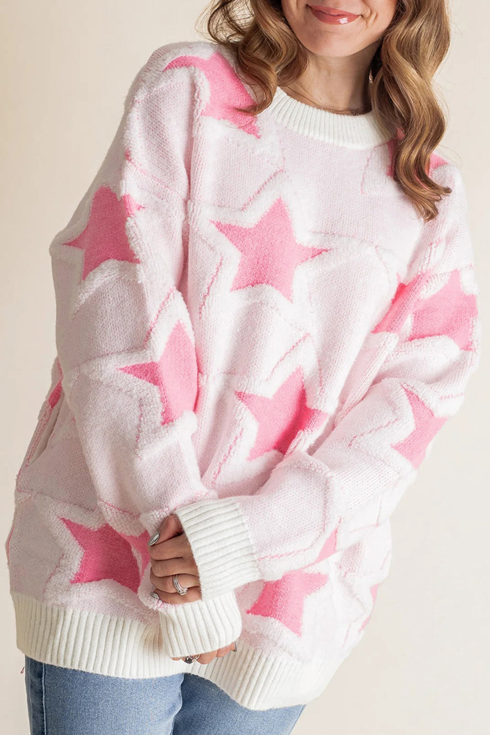 Sachet Pink Star Pattern Drop Sleeve Loose Sweater Sachet Pink 52%Viscose+26%Polyester+22%Polyamide c7bea2d25ff24aff