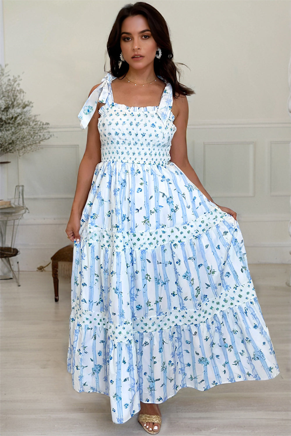 Sky Blue Floral Smocked A-Line Tie Straps Maxi Dress c7c549f0575c790d