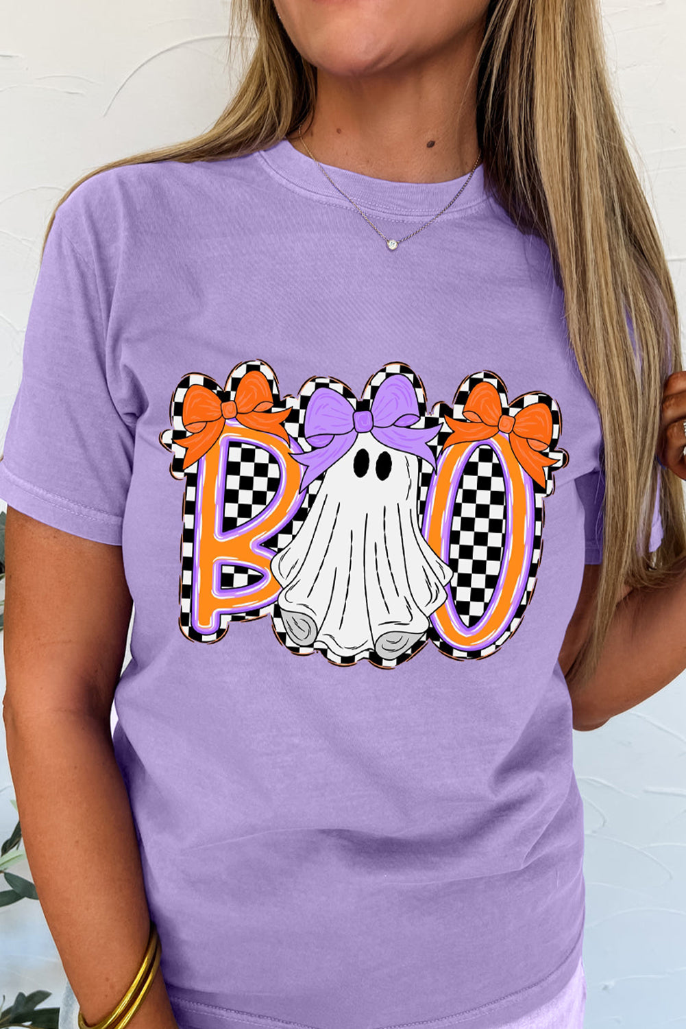 Wisteria Boo Checkered Ghost Heat Transfer Printing Crewneck Graphic Tee c7d32201df5bfdce