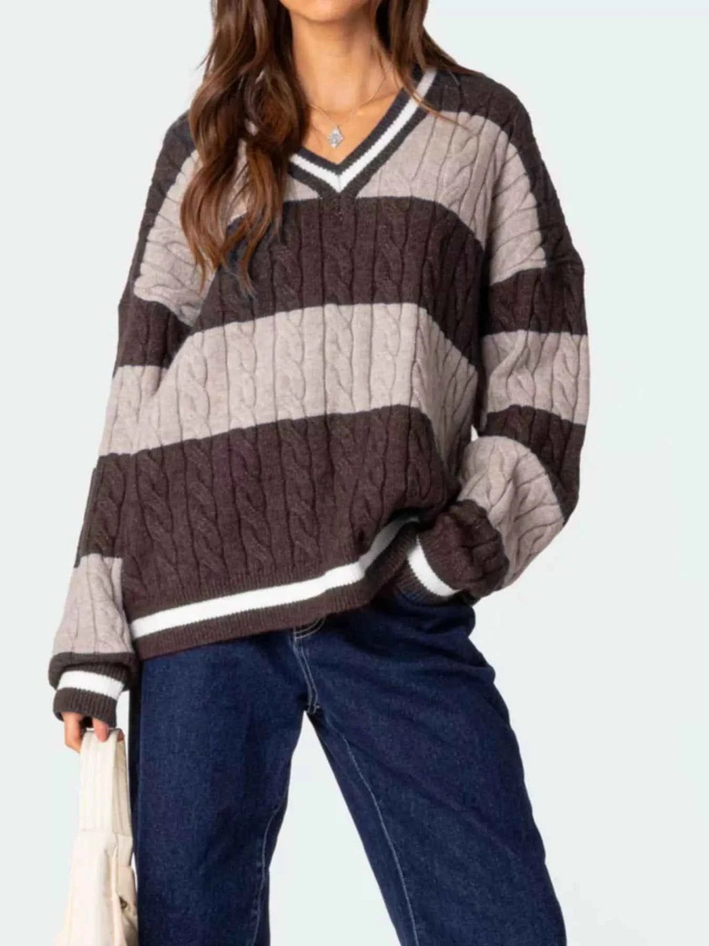 Striped Cable Knit V-Neck Sweater c7db572c-f2e3-4132-a340-a12a0d3c0dde-Max-Origin