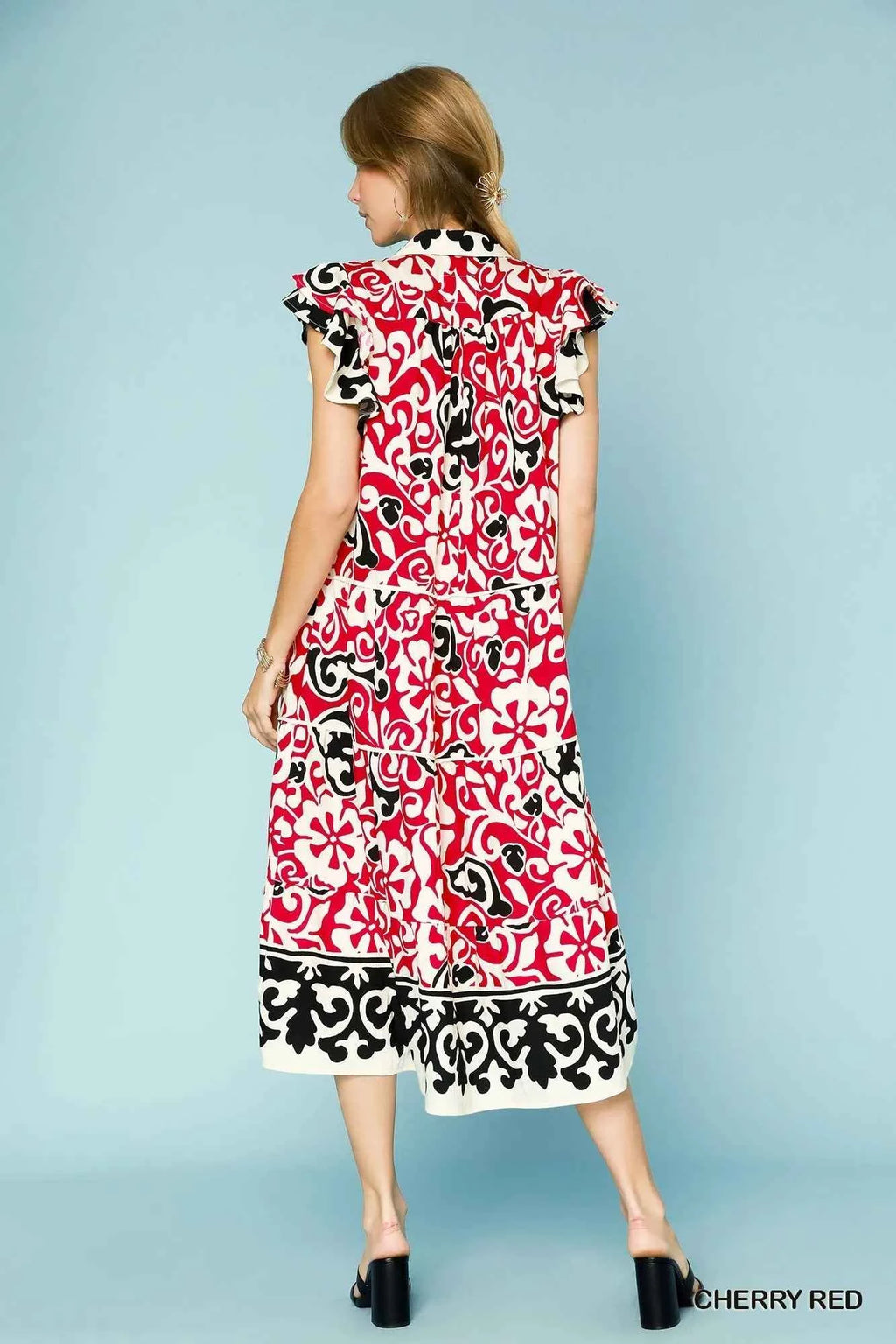 Umgee Printed Ruffled Cap Sleeve Midi Dress c7e2b8ab-91a9-48a8-975c-f8015b28a562-Max-Origin