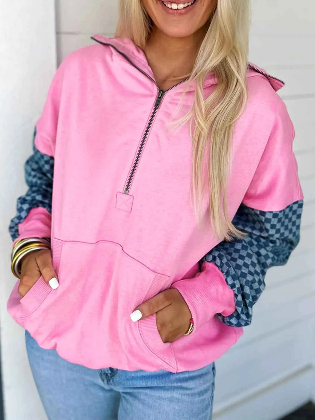 Half Zip Checkered Sleeve Hoodie Fuchsia Pink c7fbf097-13a7-4b44-a977-17d63f52e2ec-Max-Origin